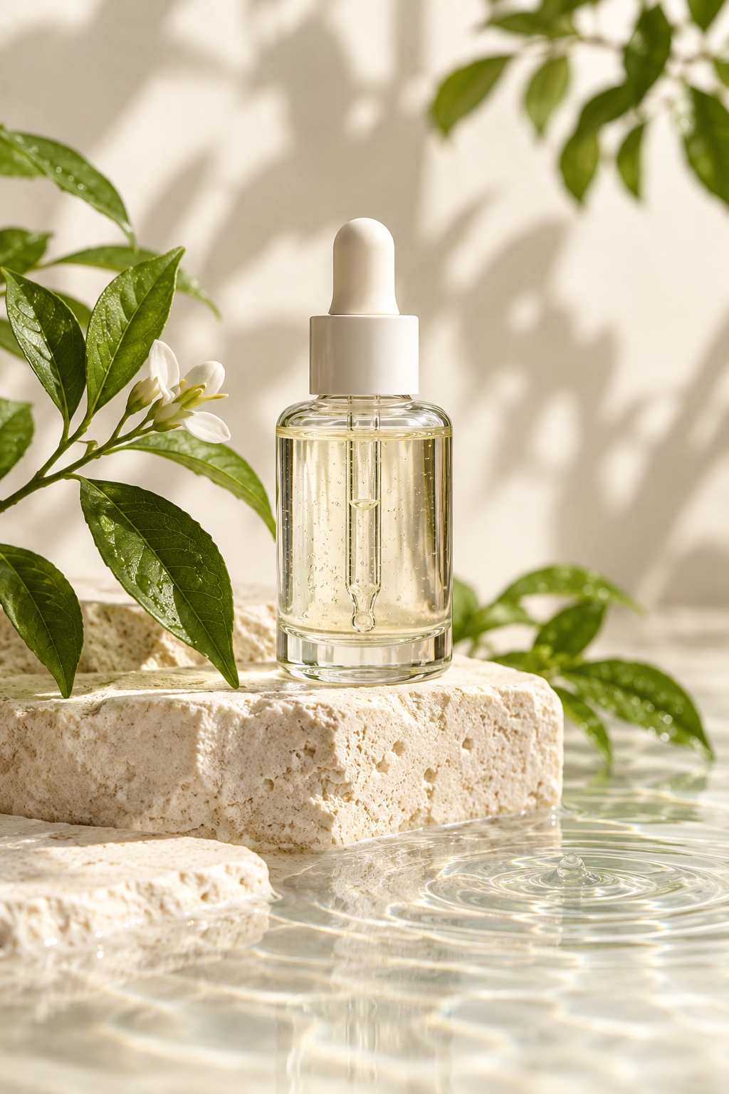 Botanical serum bottle with fresh green leaves in a light-filled studio