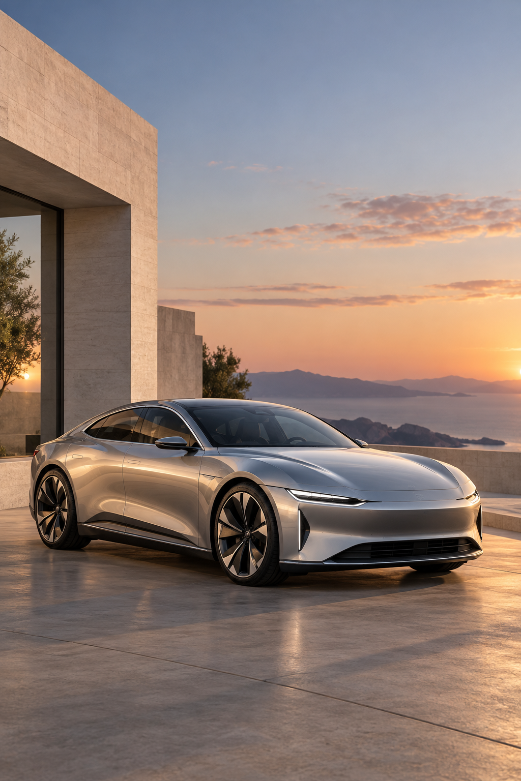 Silver electric grand touring car at a coastal villa at dusk