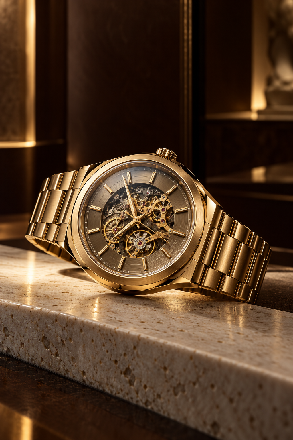 Gold mechanical watch photographed for a luxury campaign