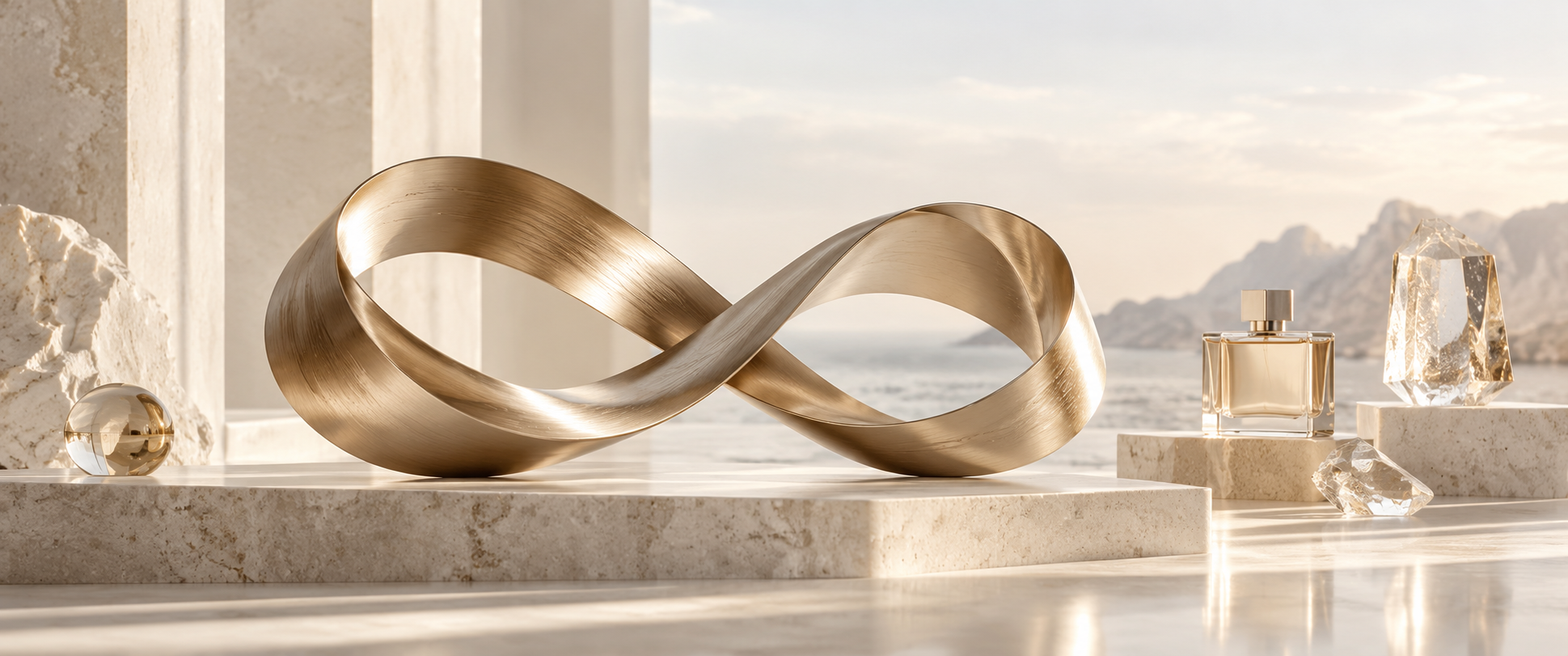 Sculptural champagne-gold infinity form staged in a luminous campaign studio